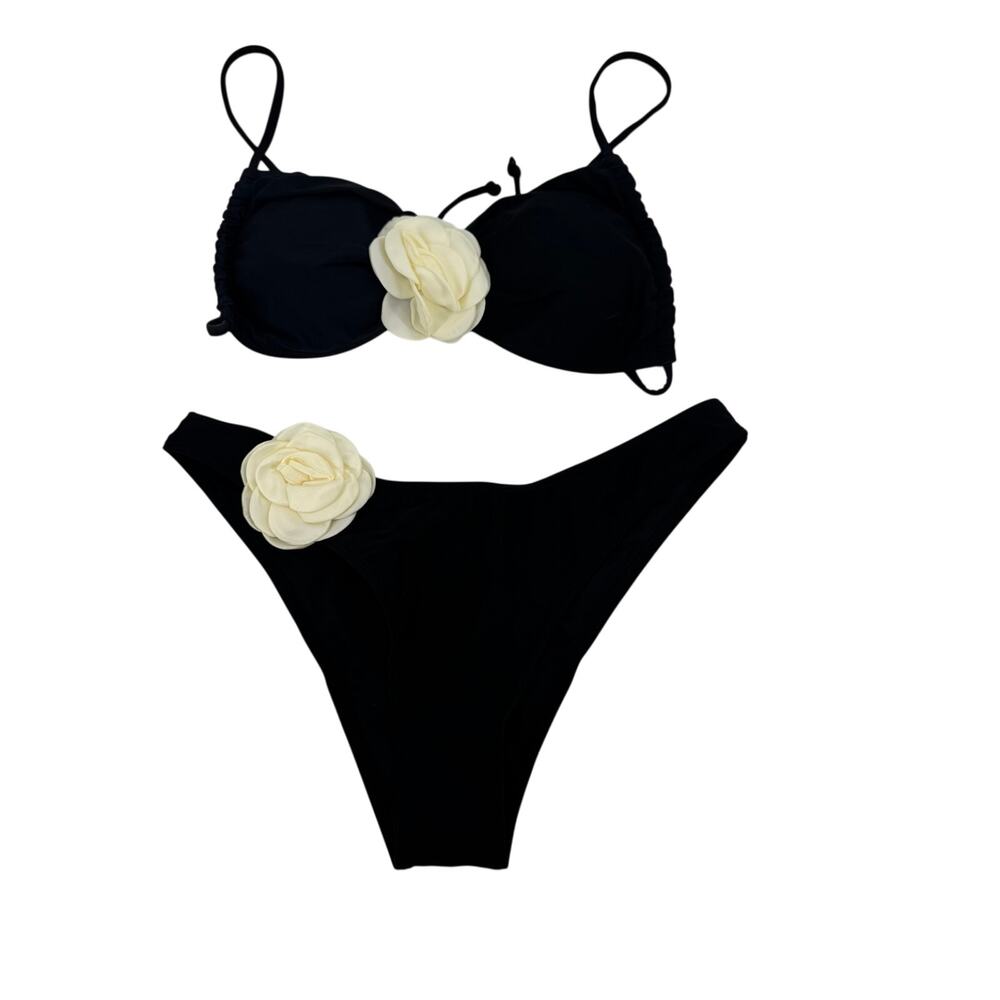 Beaudrm Women's Large Black White Embellished Floral High Rise 2 Piece Bikini